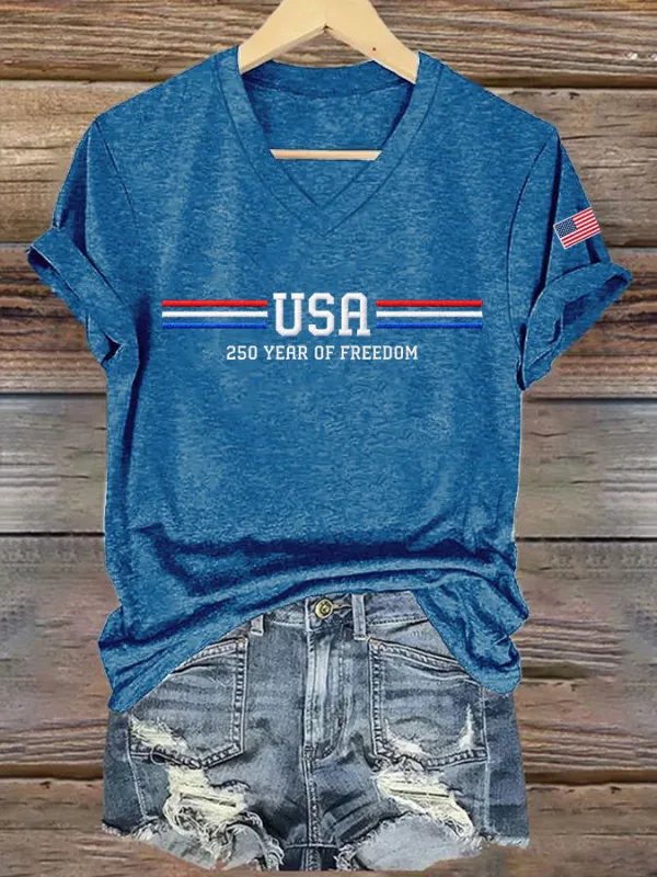 Women'S America Flag Print Casual V-Neck T-Shirt