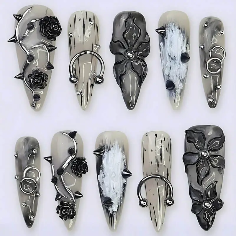 Nailhour 24Pcs Gothic Chrome Long Stiletto Press On Nails