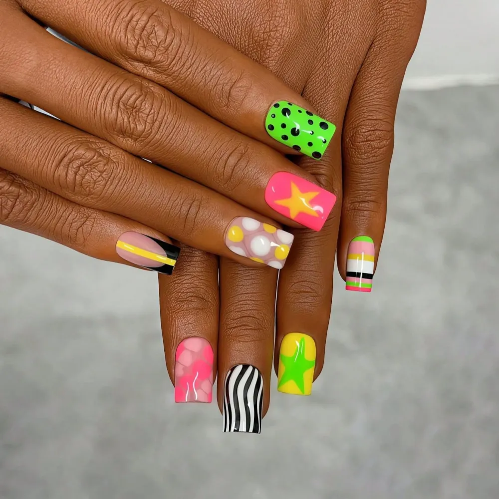 Nailhour 10Pcs Multicolor Y2K Handmade Short Square Press On Nails