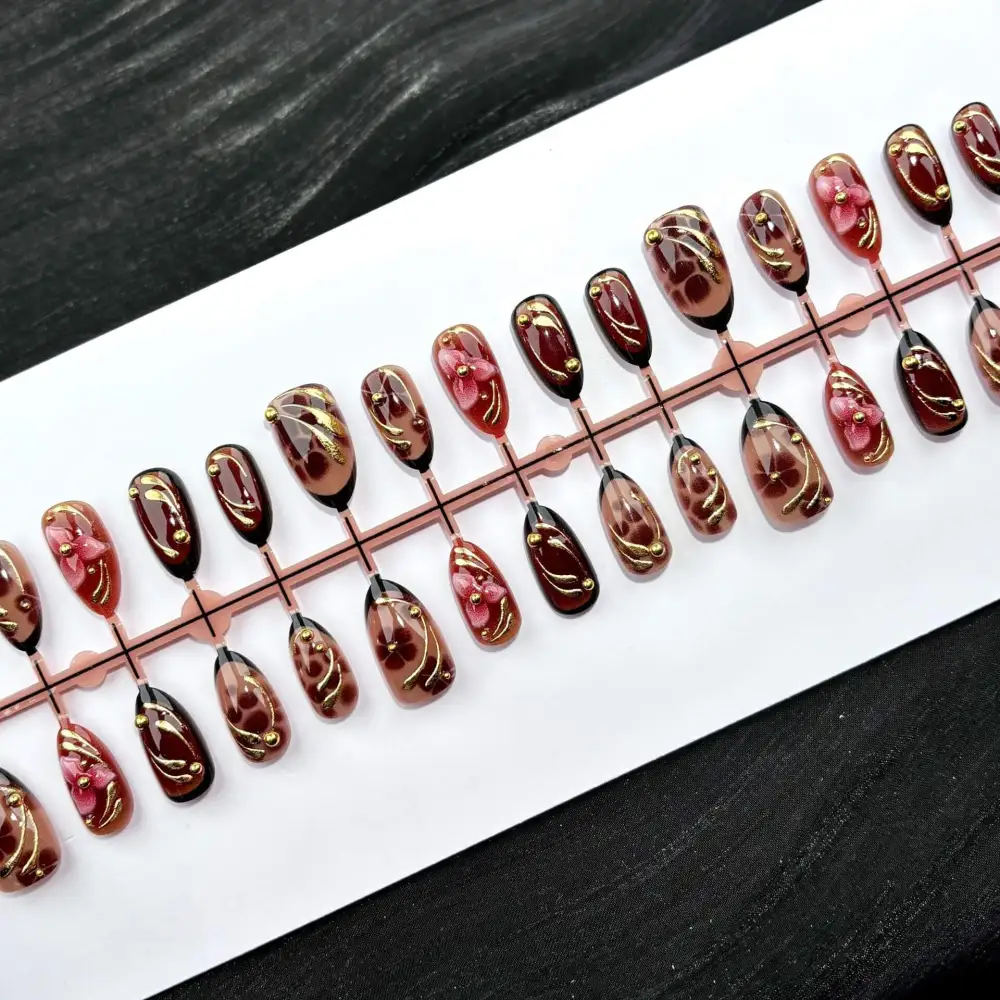 Nailhour 30Pcs Autumn Brown Gilded Medium Almond Press On Nails