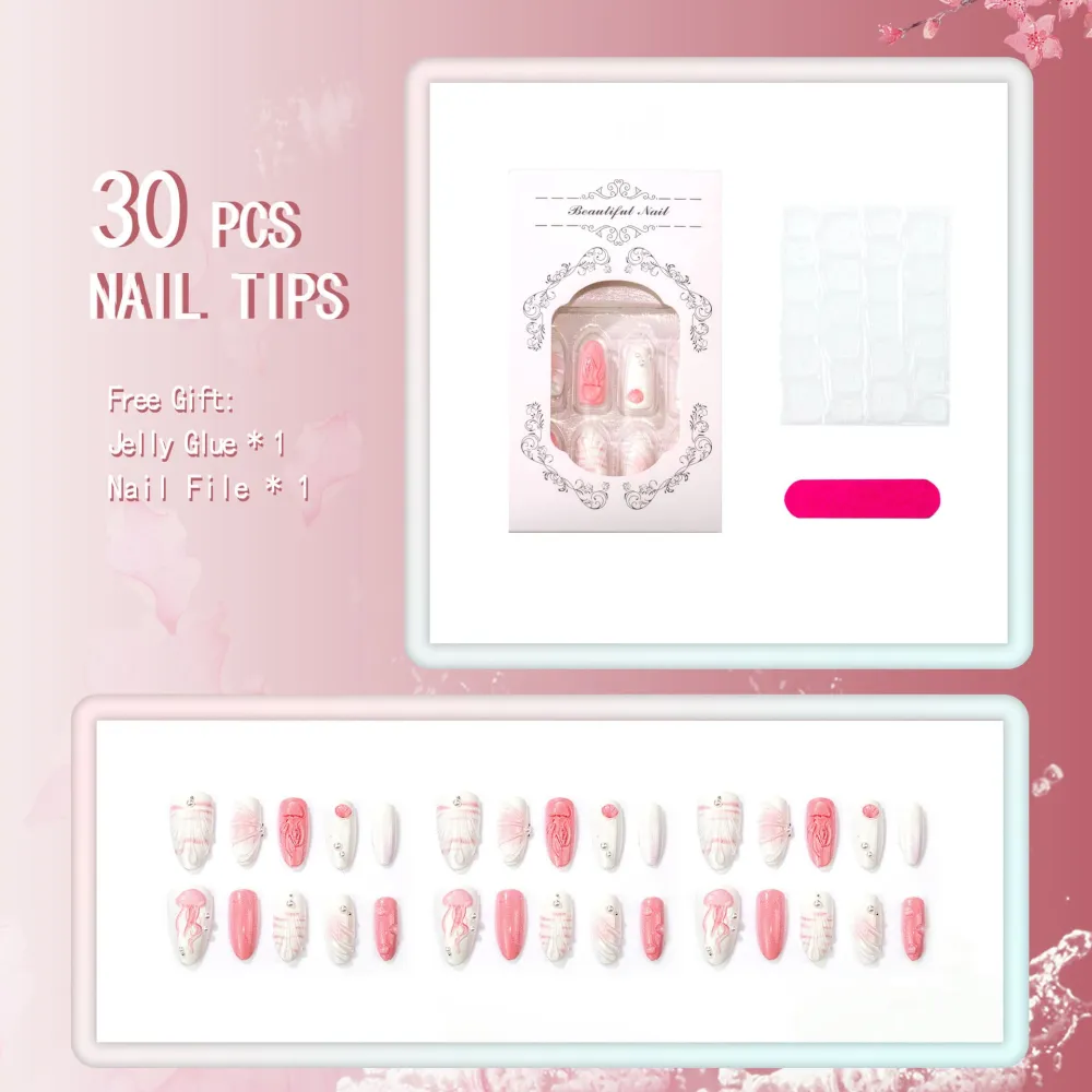 Nailhour 30Pcs Pink 3D Medium Almond French Sweet Press On Nails