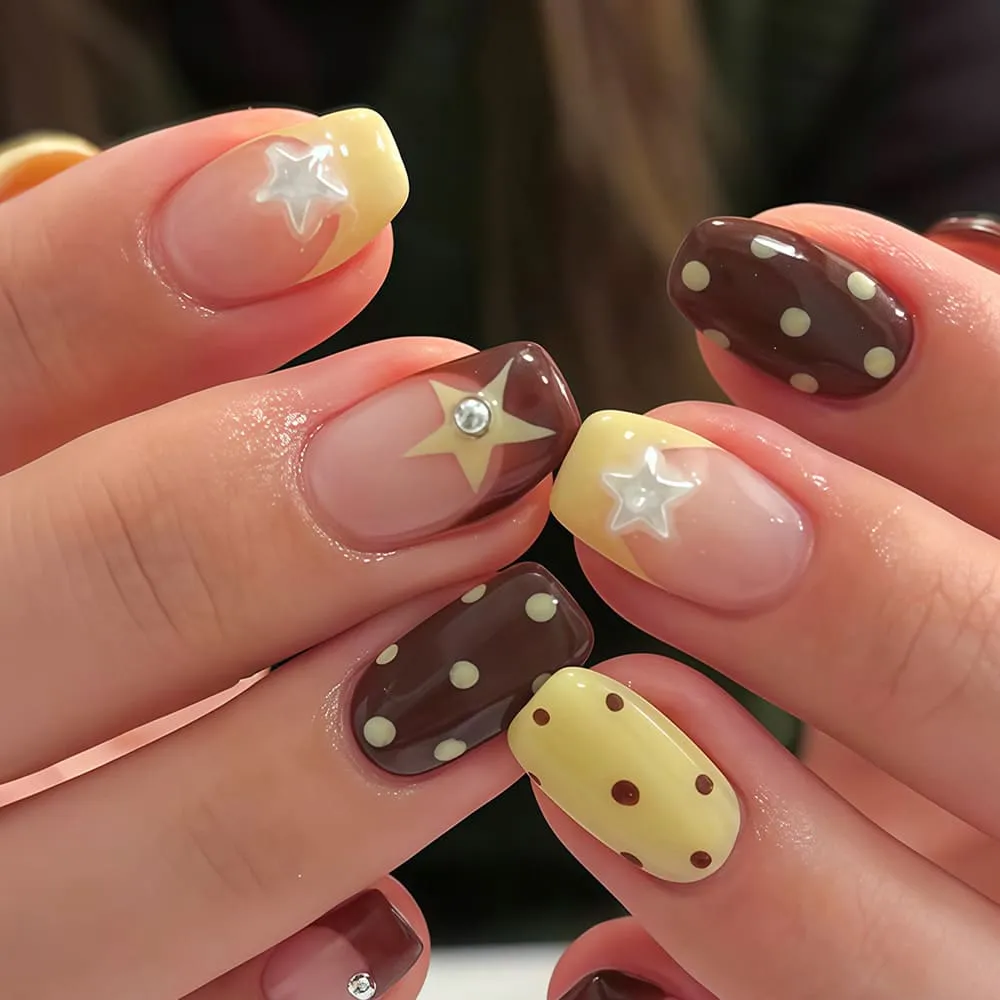 Nailhour 24Pcs Yellow 3D Star Medium Square French Press On Nails