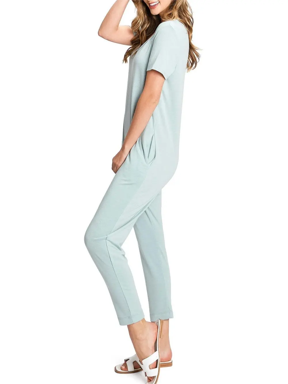 Black V - Neck Short - Sleeve Jumpsuit
