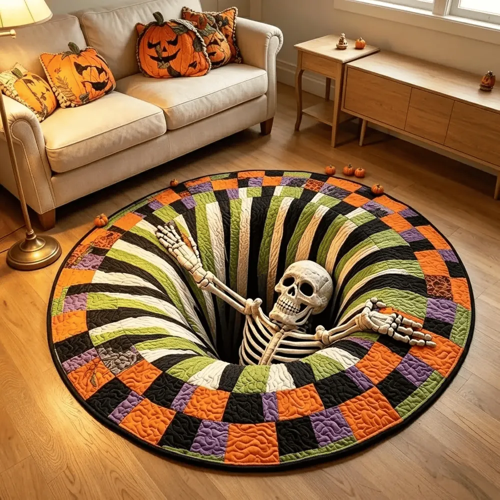 Halloween Round Rug 3D Skeleton Vortex Quilted Illusion Mat(80*80CM)