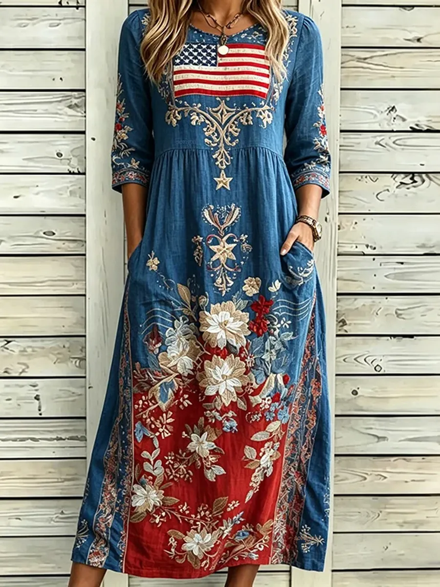 Women'S Comfortable And Fashionable Retro American Flag Patterned Linen Long Skirt