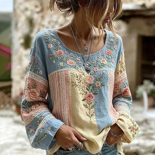 Vintage Pink Floral Art Embroidery Patchwork Comfortable Cotton Linen Distressed Crew Neck Long Sleeve Top