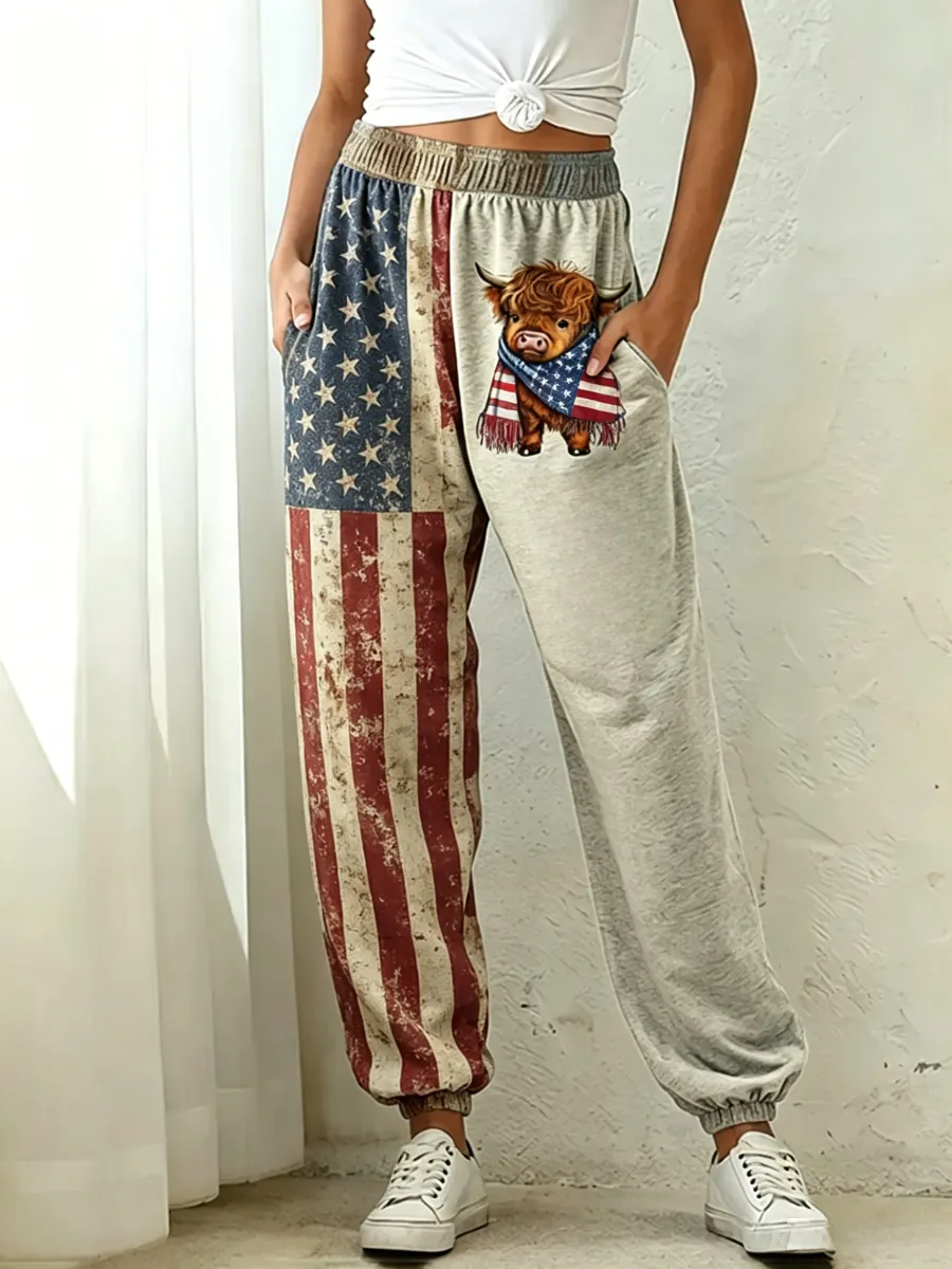 Women's America's 250th Anniversary Vintage Scottish Highland Cow Print Pants