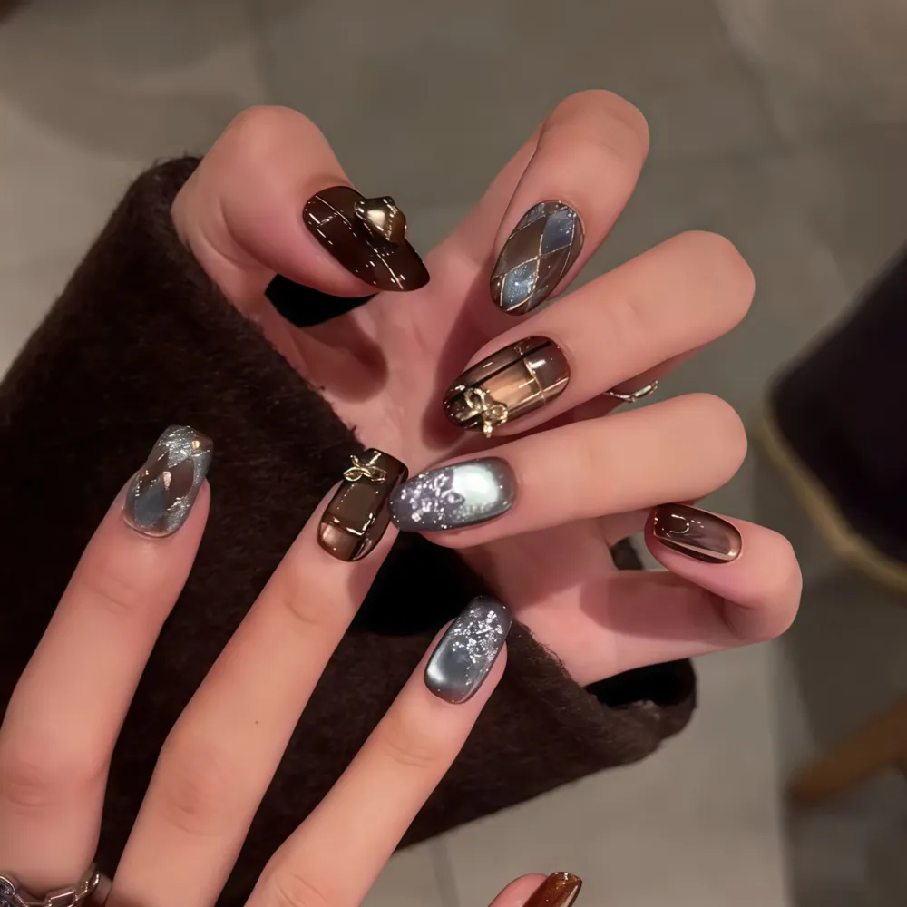 Nailhour 10Pcs Cat Eye French 3D Gilded Medium Square Press On Nails