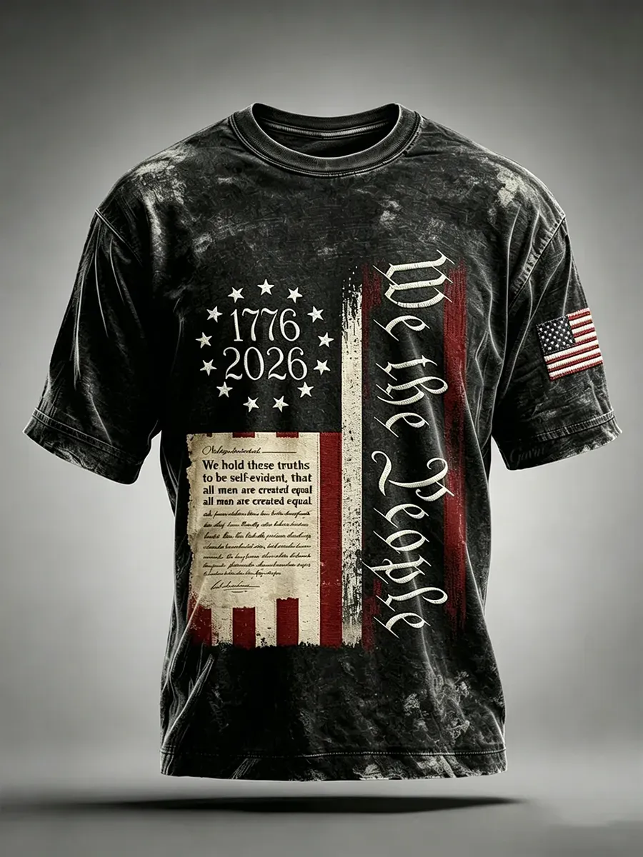 Men'S Vintage Declaration Of Independence Newspaper Flag Design Print Short Sleeve T-Shirt