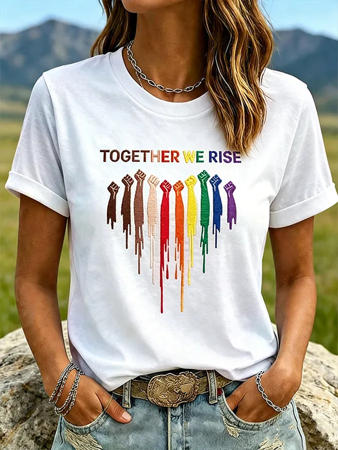 Women'S Together We Rise Rainbow Fist Print Tie Dye Casual T-Shirt