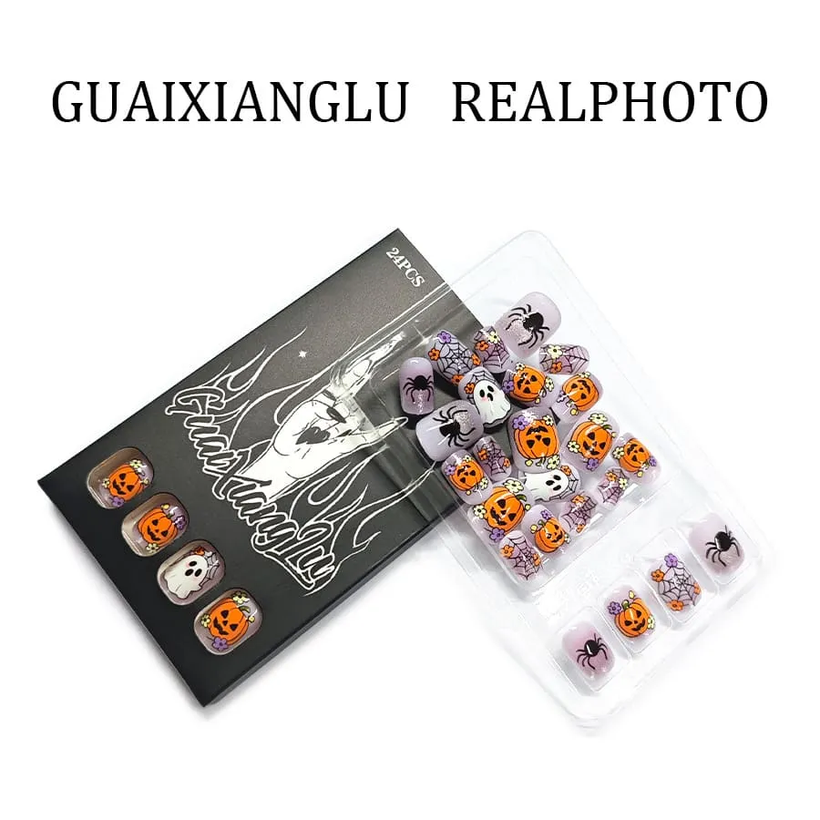 Nailhour 24Pcs Cute Pumpkin Ghost Halloween Short Squoval Press On Nails