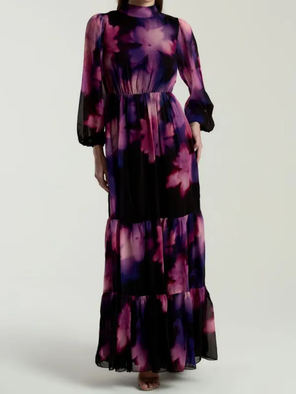 Tiered Floral Mock Neck Dress