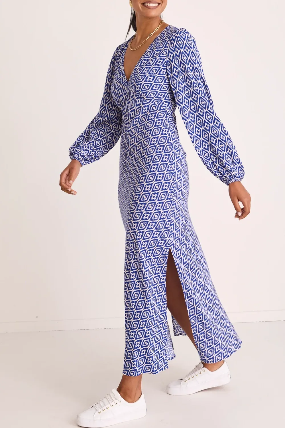 Blue Print Long - Sleeve Maxi Dress