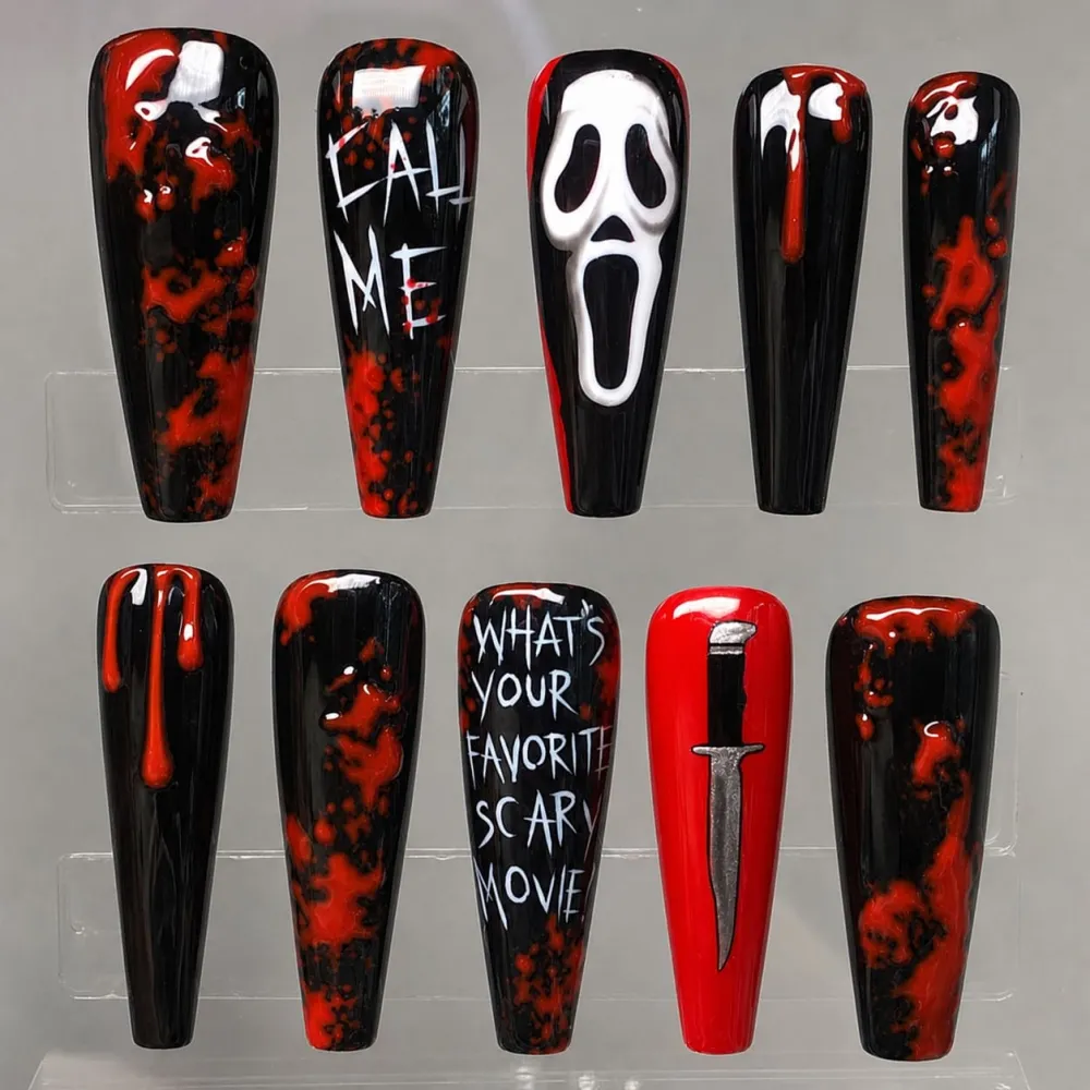Nailhour 24Pcs Gothic Halloween Terrifying Face Extra Long Coffin Press On Nails