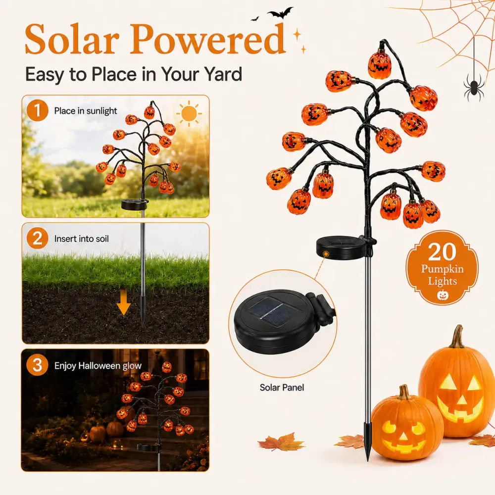 Solar Pumpkin Stake Lights - 20-Head Halloween Outdoor Garden Decor