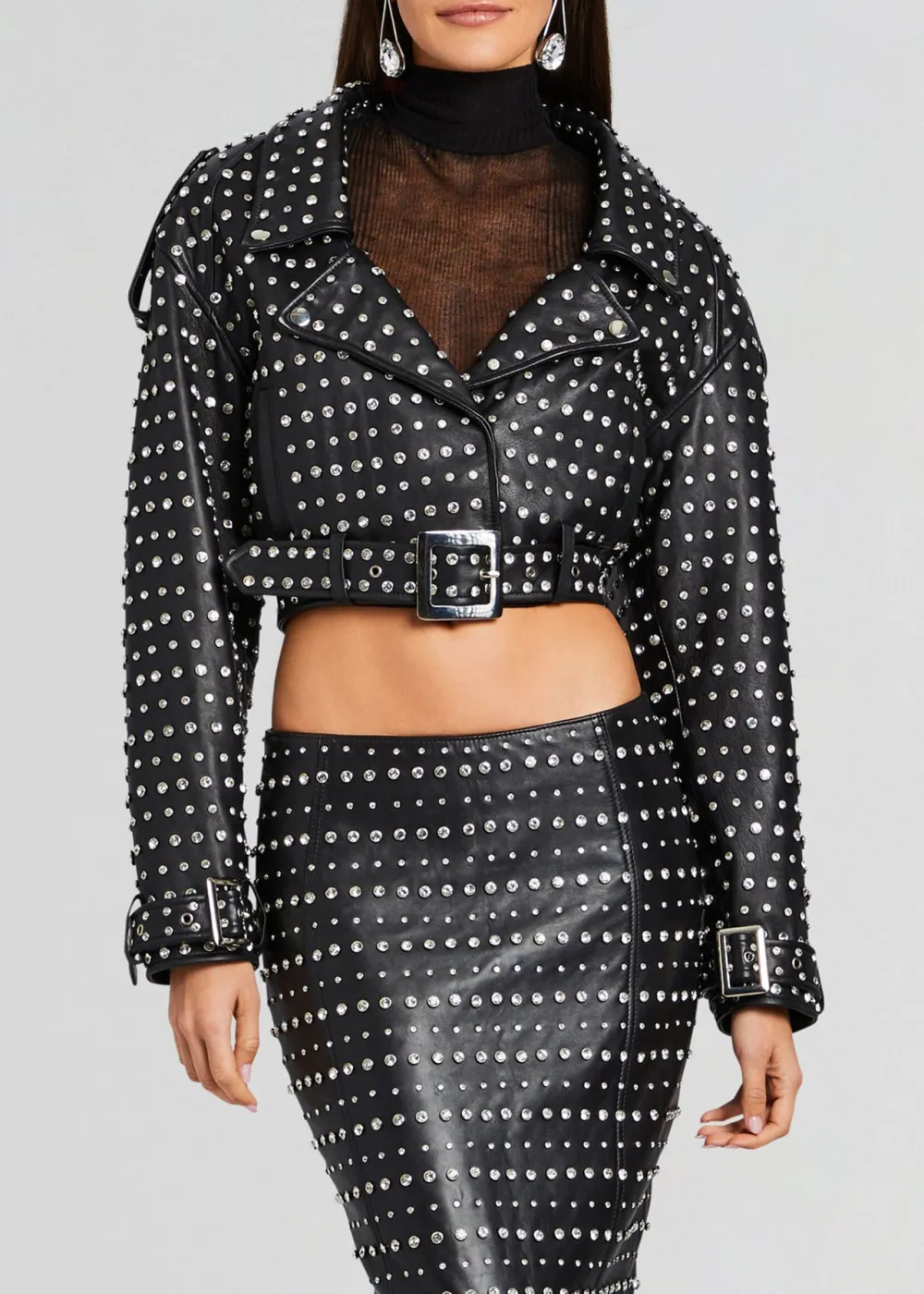 Lapel Embellished Leather Jacket