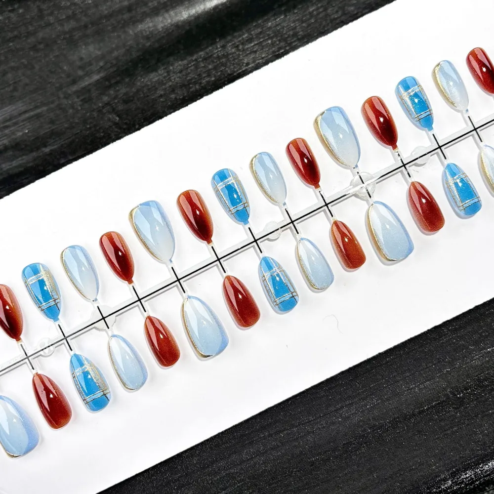 Nailhour 30Pcs Gradient Medium Almond Blue French Press On Nails