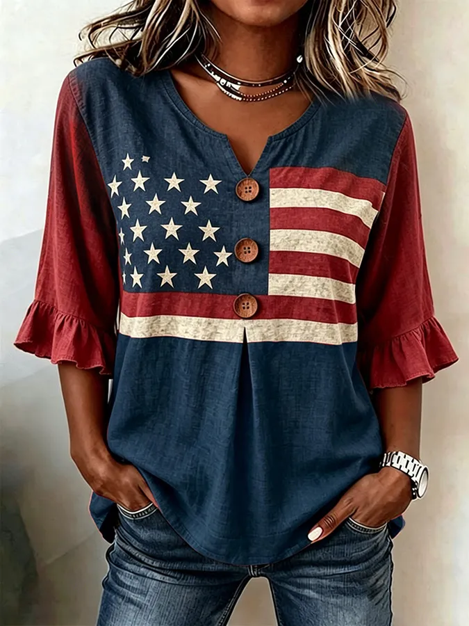 Women'S Casual Patriotic Flag Cotton Linen Shirt