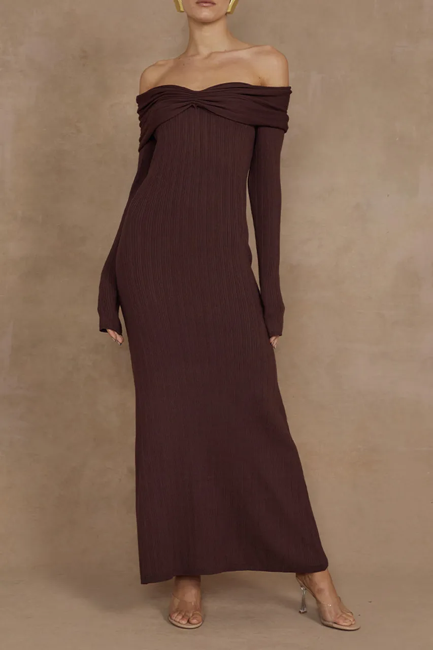 Off Shoulder Long Sleeved Knitted Midi Dresses