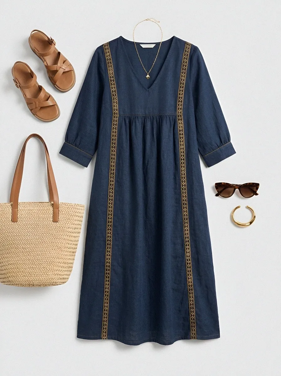 Women's Summer Vacation Navy Blue Embroidered Trim Linen Midi Dress