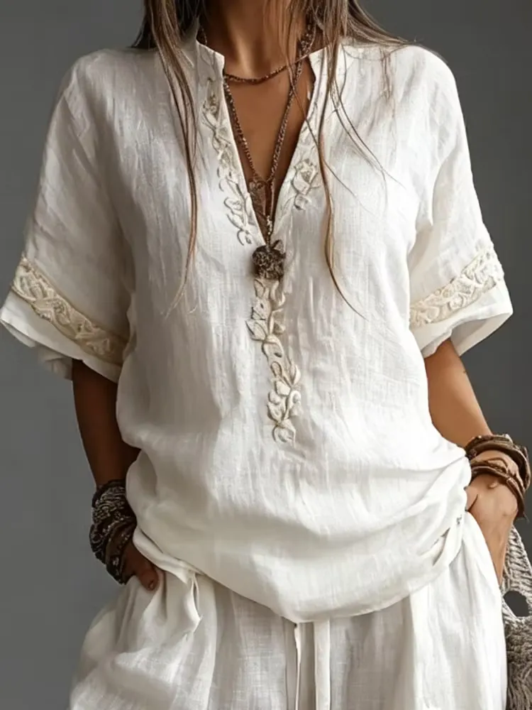 Women's Casual And Comfortable Cotton Linen Blended V-Neck Top