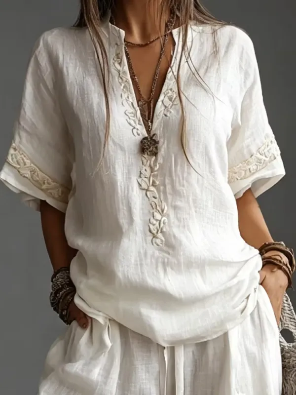 Women's Casual And Comfortable Cotton Linen Blended V-Neck Top