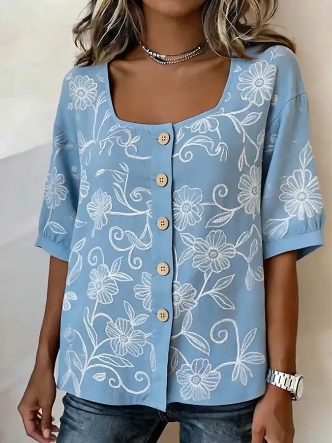 Women's Casual Short-Sleeve Positioning Print Cotton-Linen Top