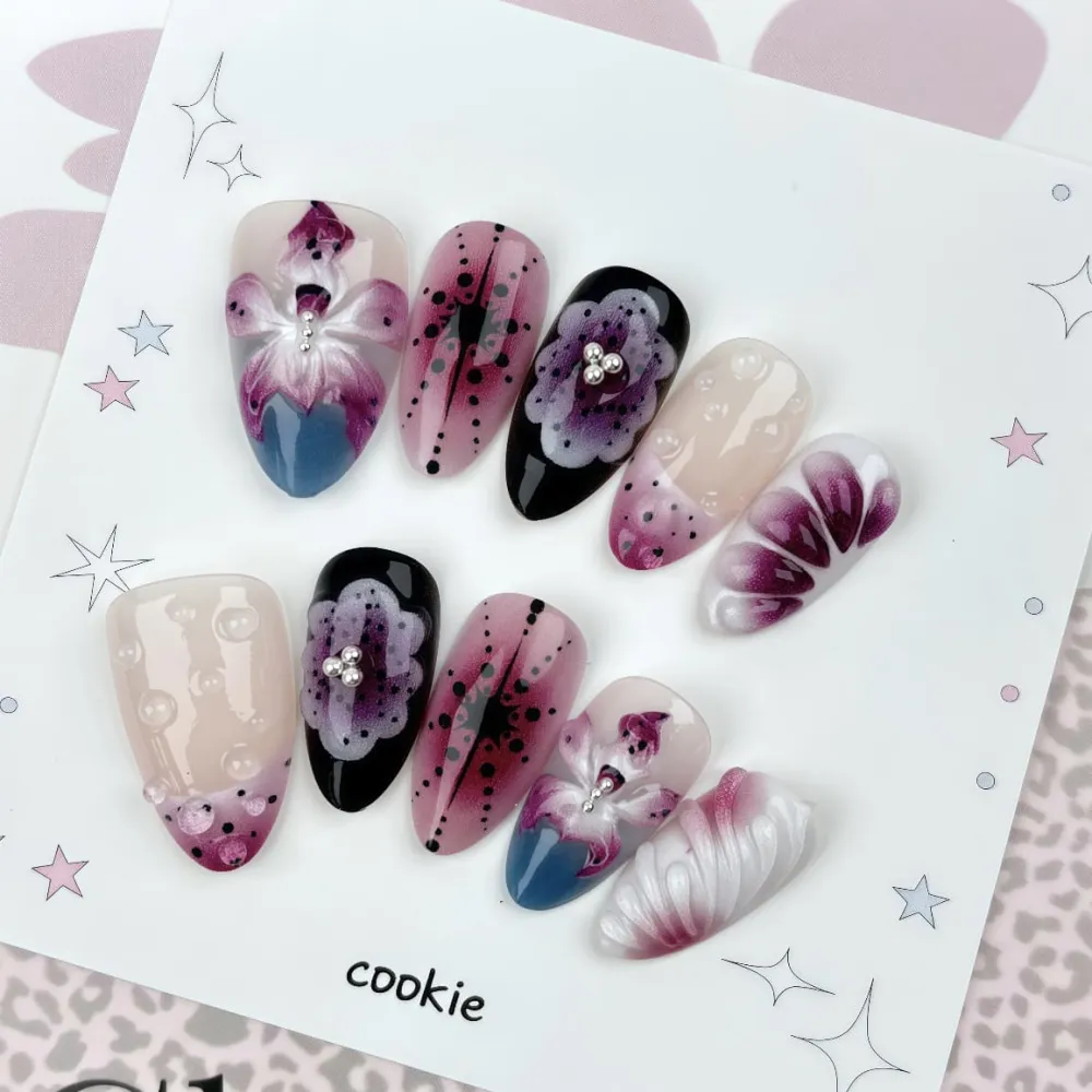 Nailhour 30Pcs Floral Gothic 3D Purple Rhinestone Short Almond Press On Nails