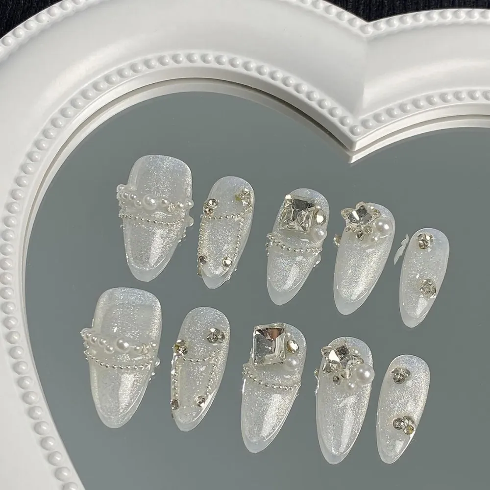 Nailhour 10Pcs French Glitter Cat Eye Nude Rhinestone Medium Almond Press On Nails