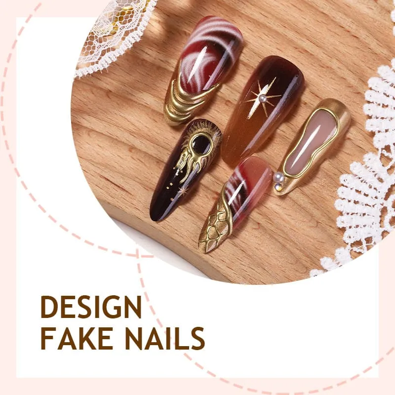 Nailhour 30Pcs Gilded 3D Medium Almond French Press On Nails