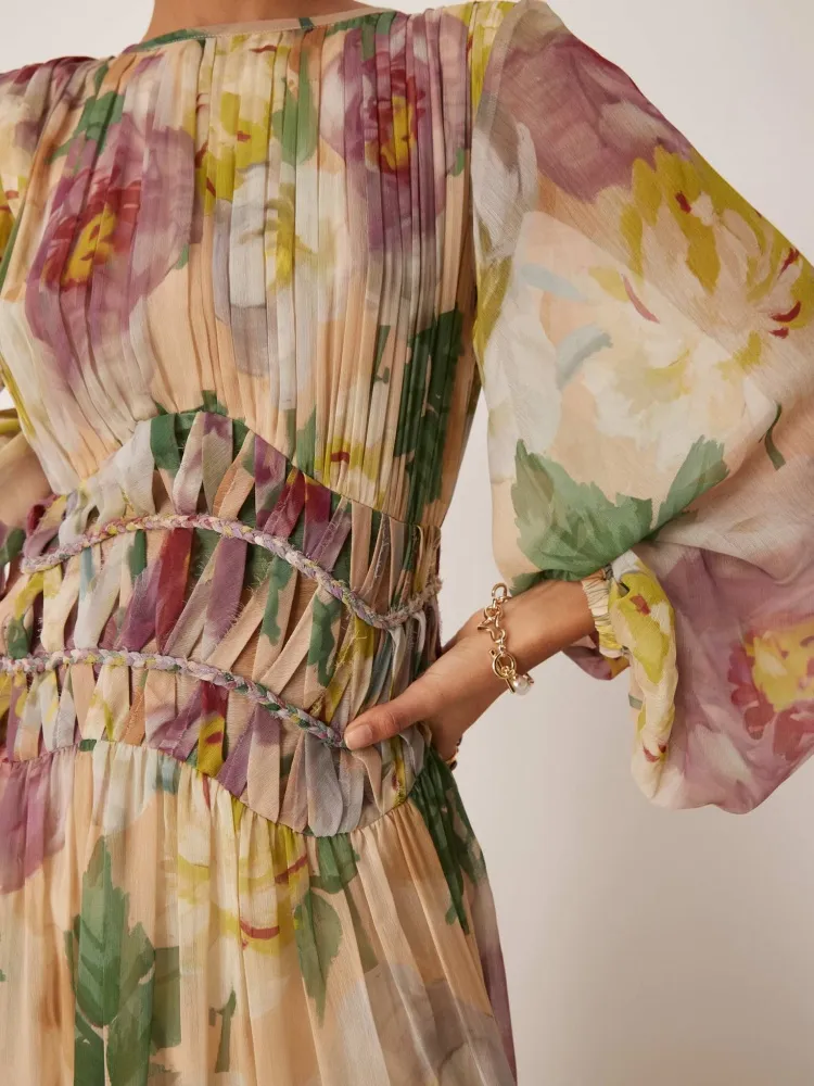 Pleated Floral Boat Neck Dress