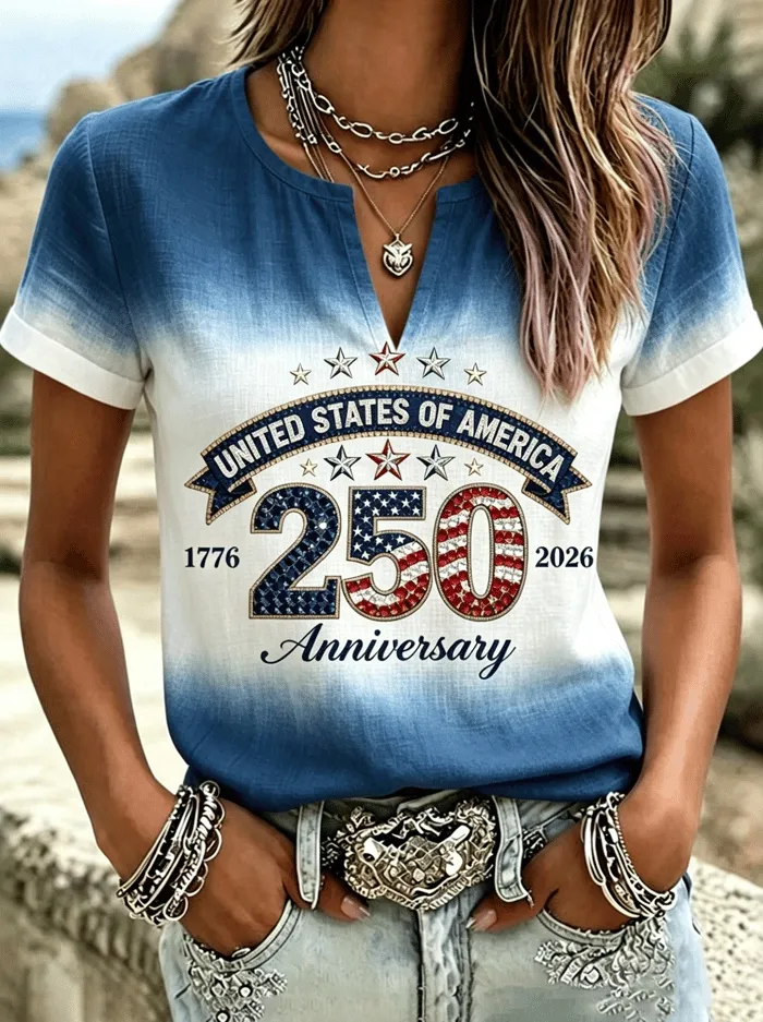 Women'S Patriotic 250 Flower Casual Cotton Linen Short Sleeved Shirt