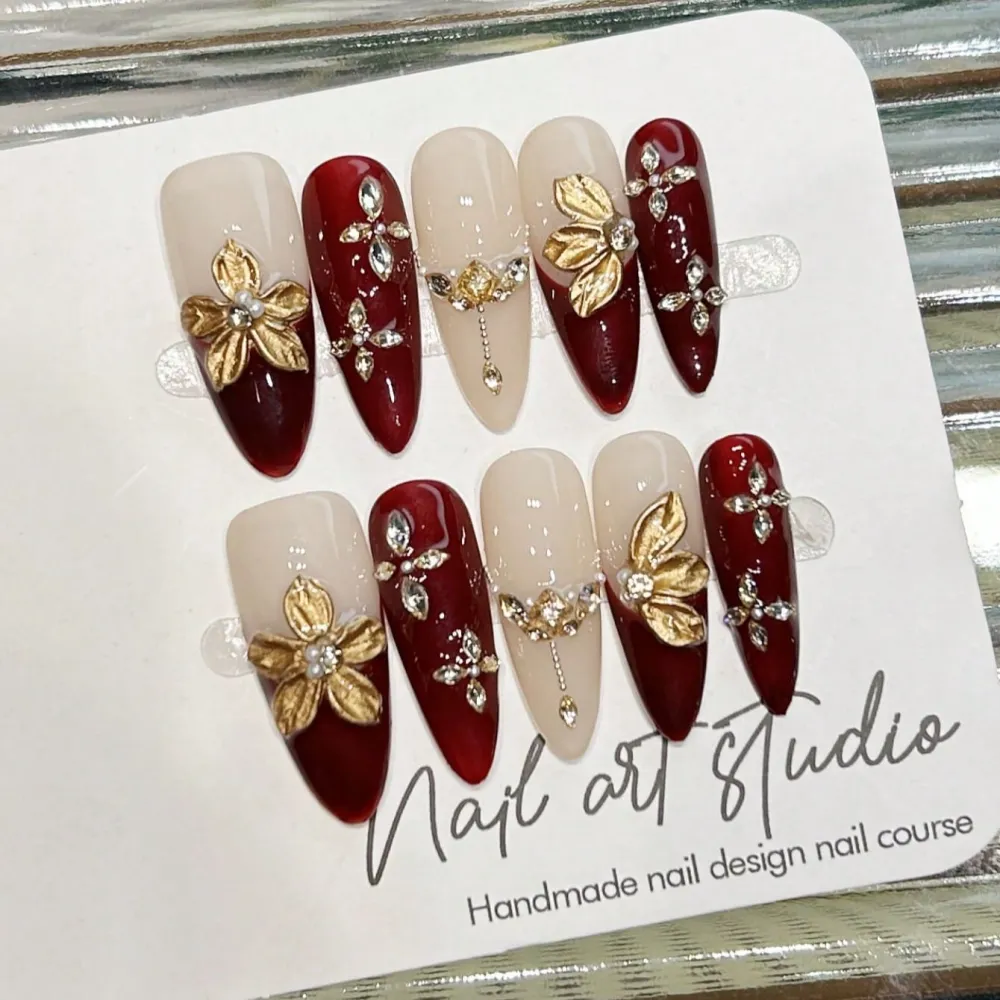 Nailhour 10Pcs 3D Rhinestone Red Gilded Long Almond Press On Nails