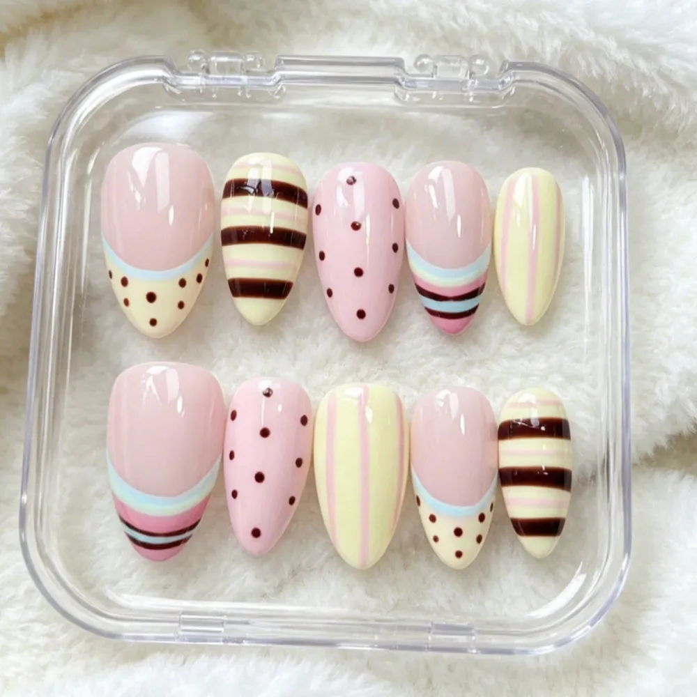 Nailhour 10Pcs Handmade Pink Summer Medium Almond Press On Nails