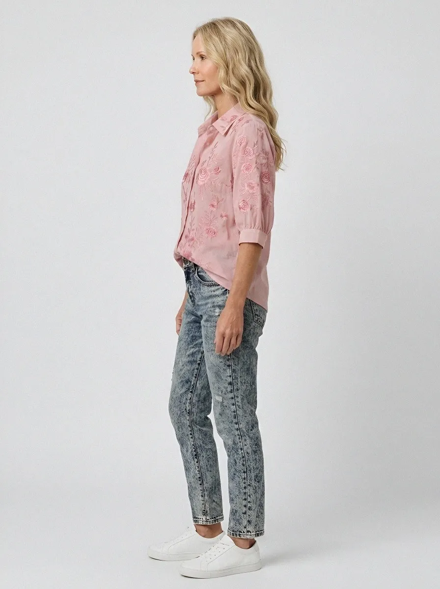 Women's Breast Cancer Awareness Pink Rose Floral Embroidered Button-Down Shirt