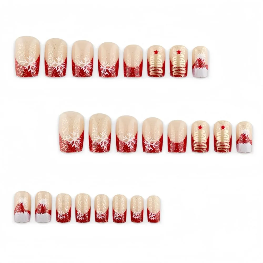 Nailhour 24Pcs Snowflake Medium Square Red French Press On Nails