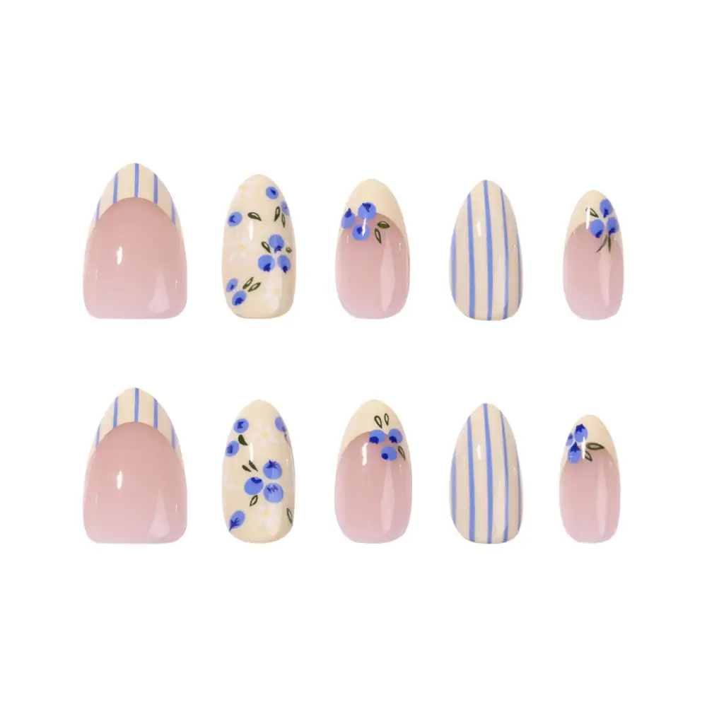 Nailhour 24Pcs French Medium Almond Fresh Blueberry Press On Nails