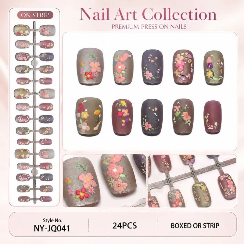 Nailhour 24Pcs Floral Vintage Medium Square Cat Eye Press On Nails