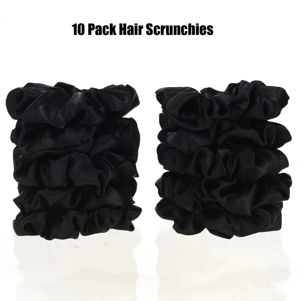 A Pack Of Ten Black Satin Elastic Hair Bands