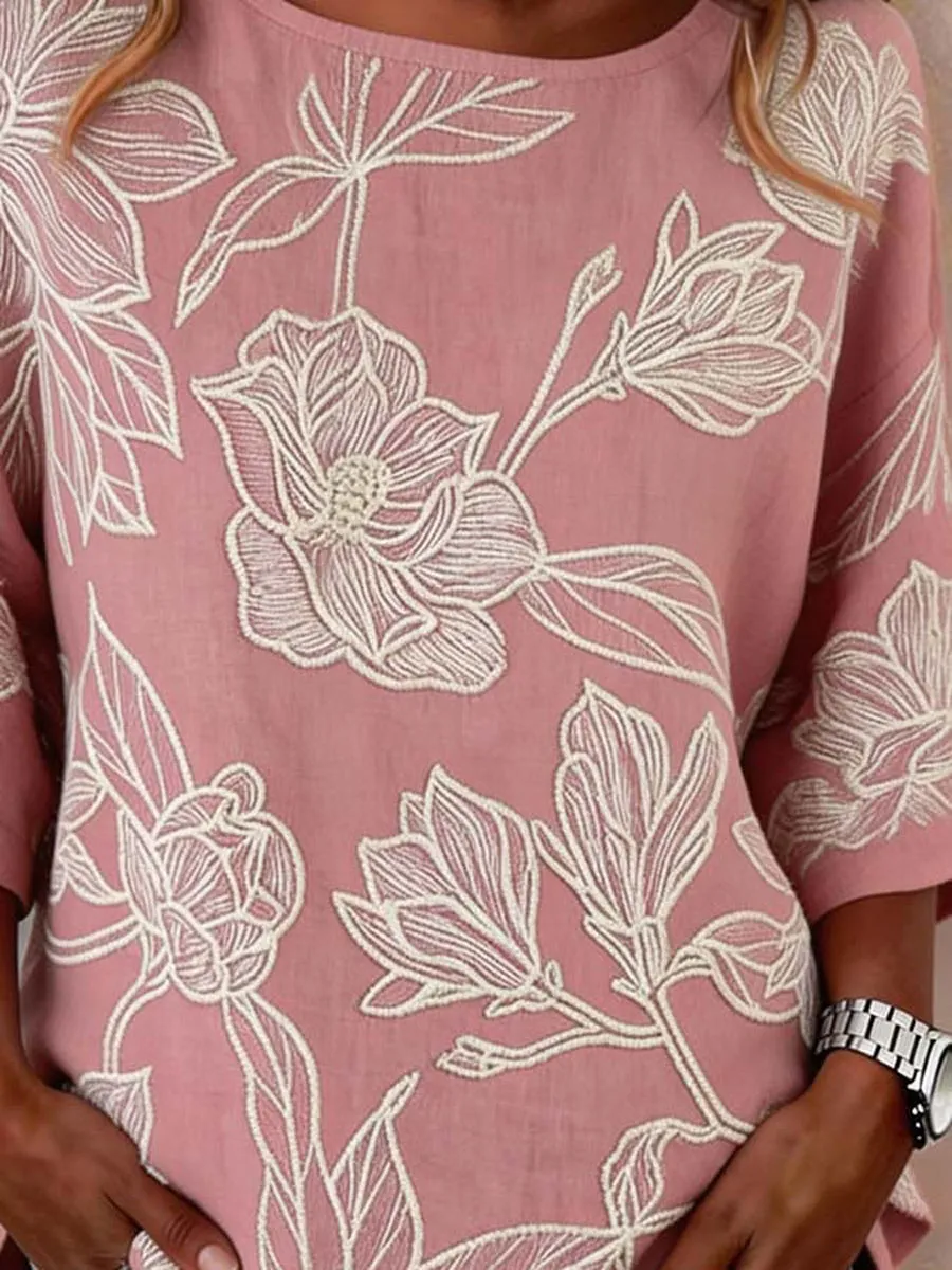 Women'S Cotton And Linen Floral Print Short-Sleeved Top