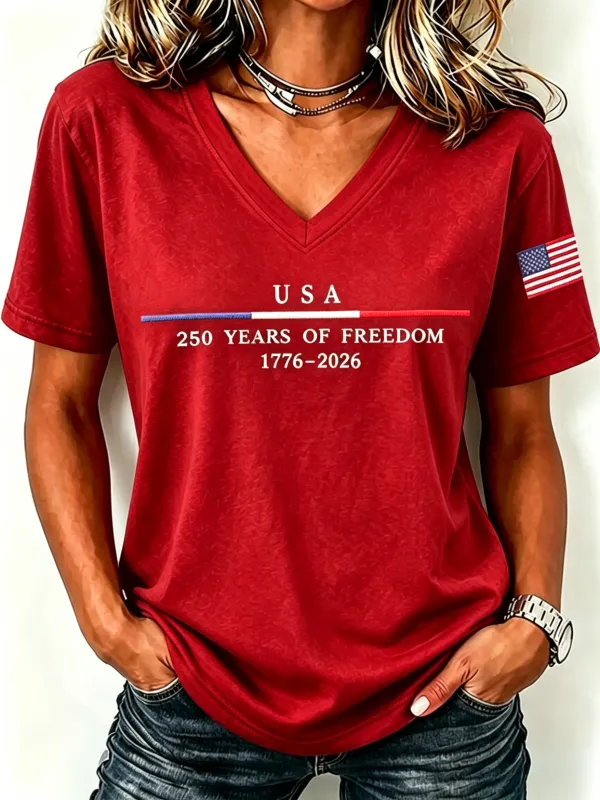 250Th Anniversary Embroidery Commemorative V-Neck Short Sleeved T-Shirt From The United States