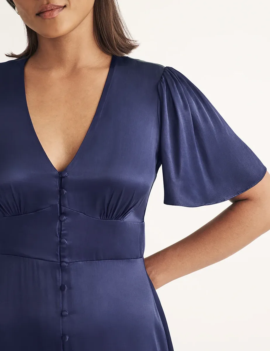 Purple Satin Button Front Midi Dress