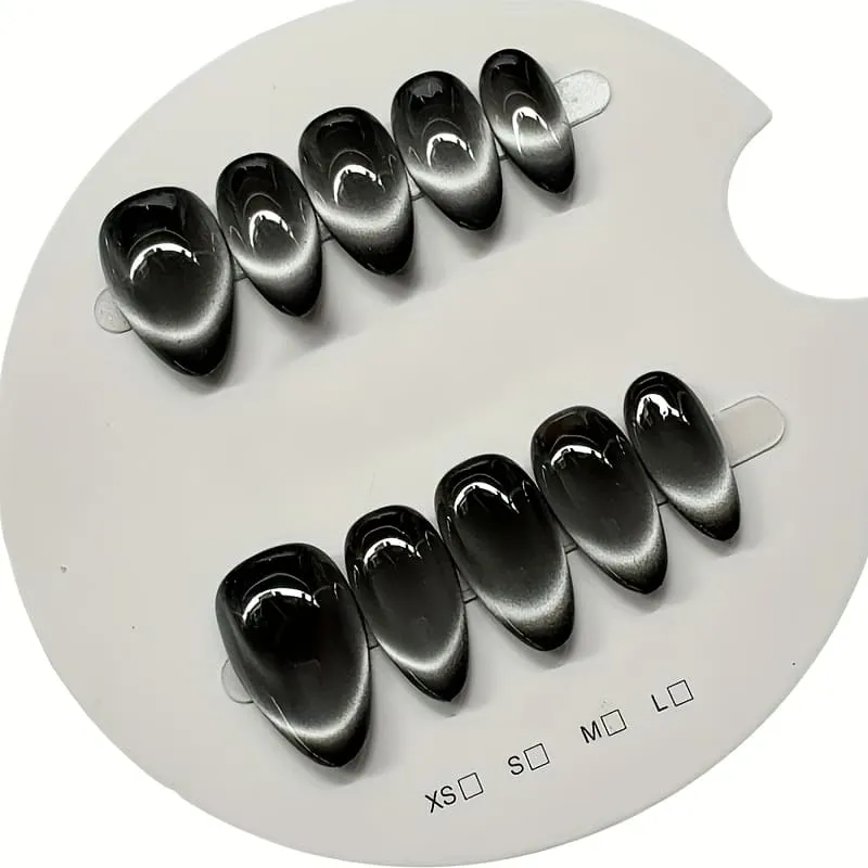 Nailhour 10Pcs Black Cat Eye Medium Almond Press On Nails