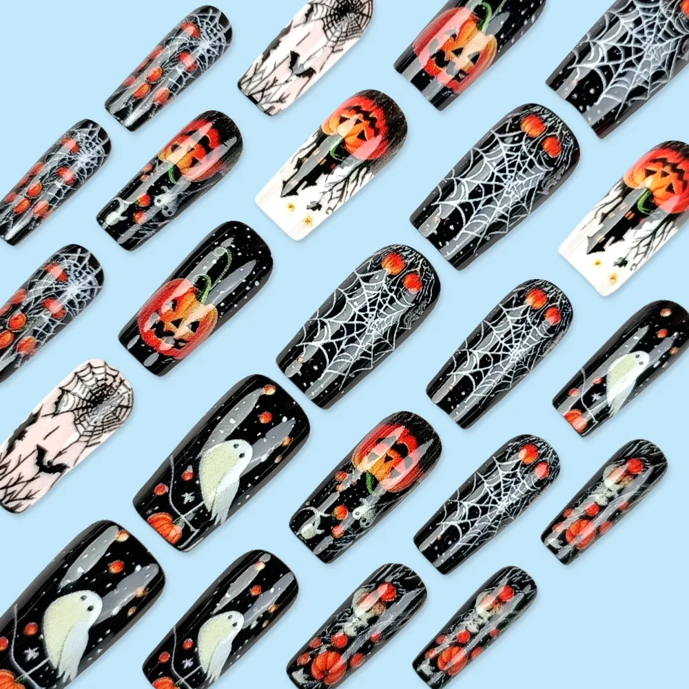 Nailhour Pumpkin Lantern Ghost Black Square Halloween 24Pcs Press On Nails