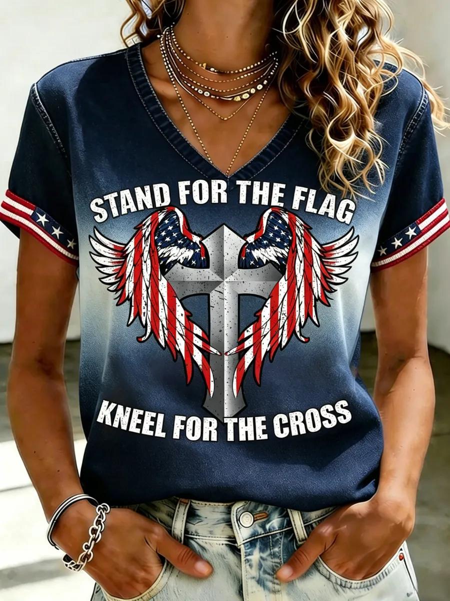 Women's America's 250th Anniversary Stand For The Flag Kneel For The Cross Faith Christian Cross Print T-Shirt