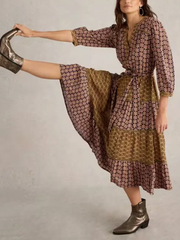 Mixed Print Midi Dress