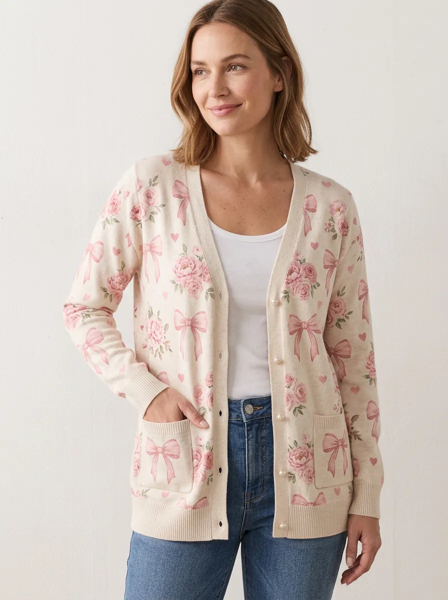 Women's Breast Cancer Awareness Pink Bow Floral Printed Cardigan