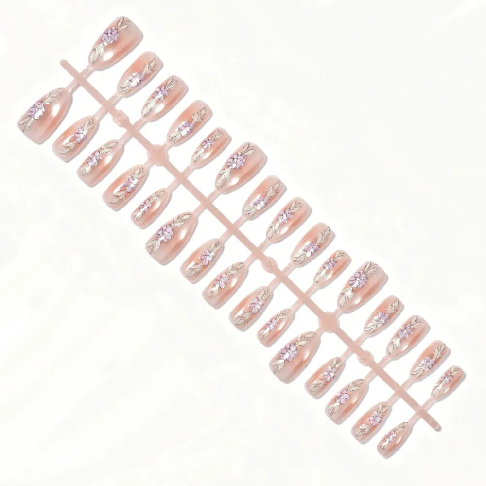 Nailhour 30Pcs Nude Gilded Floral 3D Medium Almond French Press On Nails