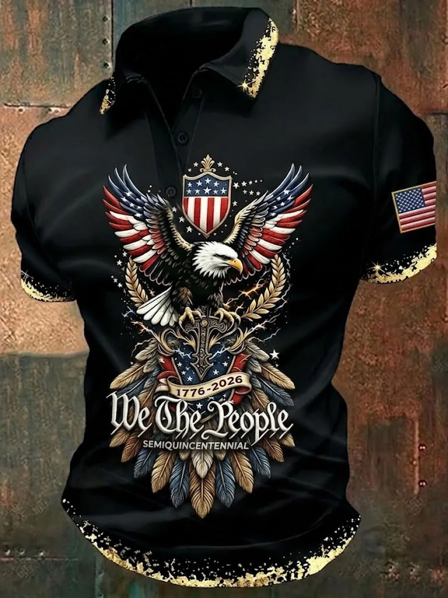Men'S Retro Patriotic Color-Block Short-Sleeve Polo Shirt