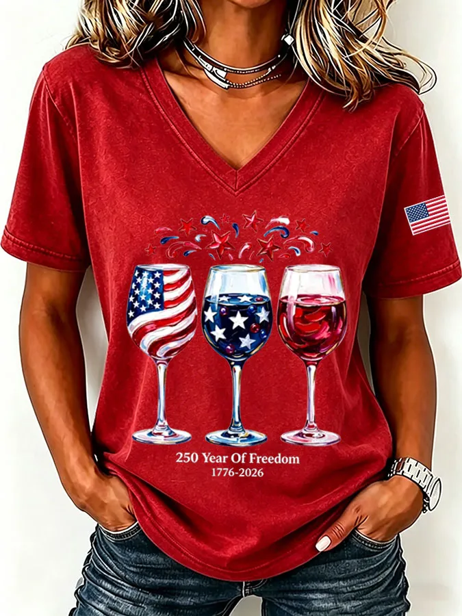 Women'S America Flag  Print Casual V-Neck T-Shirt